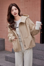 绿素棉港式工装连帽短外套大码女装~秋季休闲大口袋风衣短款上衣，女装短外套，韩蔻秀