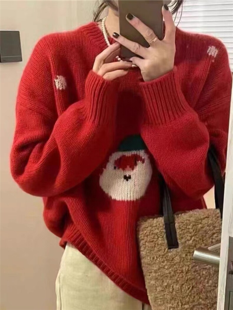 圣诞红提花100%纯羊毛衫女圆领加厚宽松慵懒针织毛衣拼色羊绒打底，女装针织衫/毛衣，伊绒腾羊绒