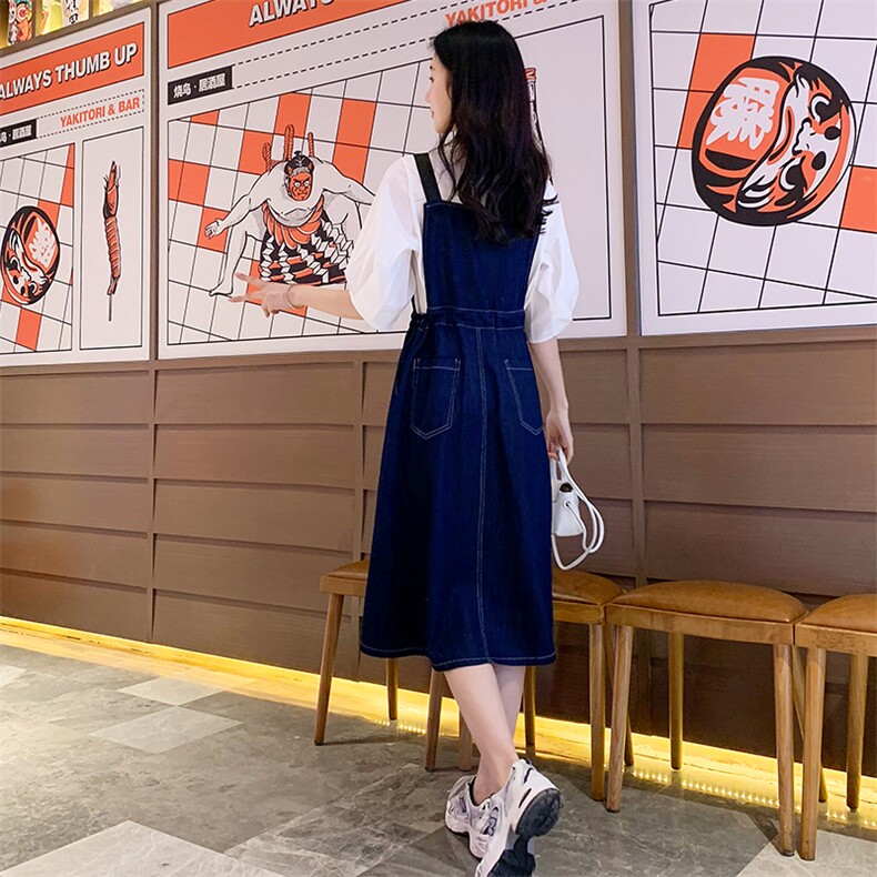 背带裙女2022年夏季新款圆领短袖中长款两件套裙子时尚十字架套装,女装连衣裙,梦懿尔