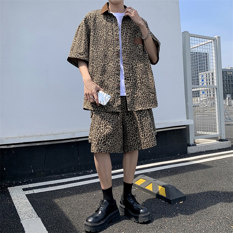 夏款男牛仔运动套装豹纹短袖衬衫五分短裤运动套装TZ1 P100图片