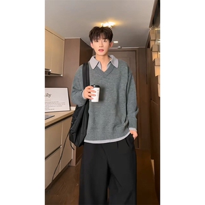 重磅北极绒假两件衬衫领毛衣美式高街复古休闲慵懒纯色翻领针织衫图片