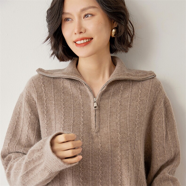 欧货半拉链山羊绒衫女高领秋冬款加厚绞花长袖套头毛衣针织打底衫,女装羊绒衫,雪山红莲
