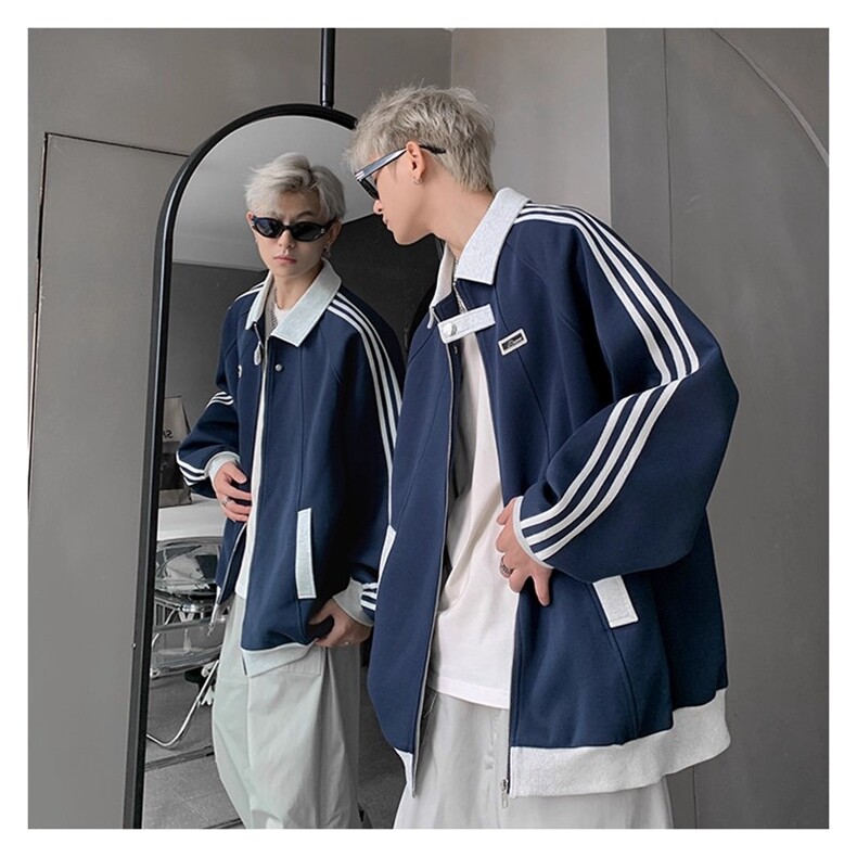 1506-1/W67981/P50藏青色三道杠条纹卫衣外套男女款立领棒球服,女装短外套,星座1506-1