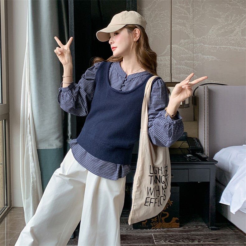 复古格纹衬衫马甲套装女2025春季新款韩系氛围感穿搭阔腿裤三件套图片