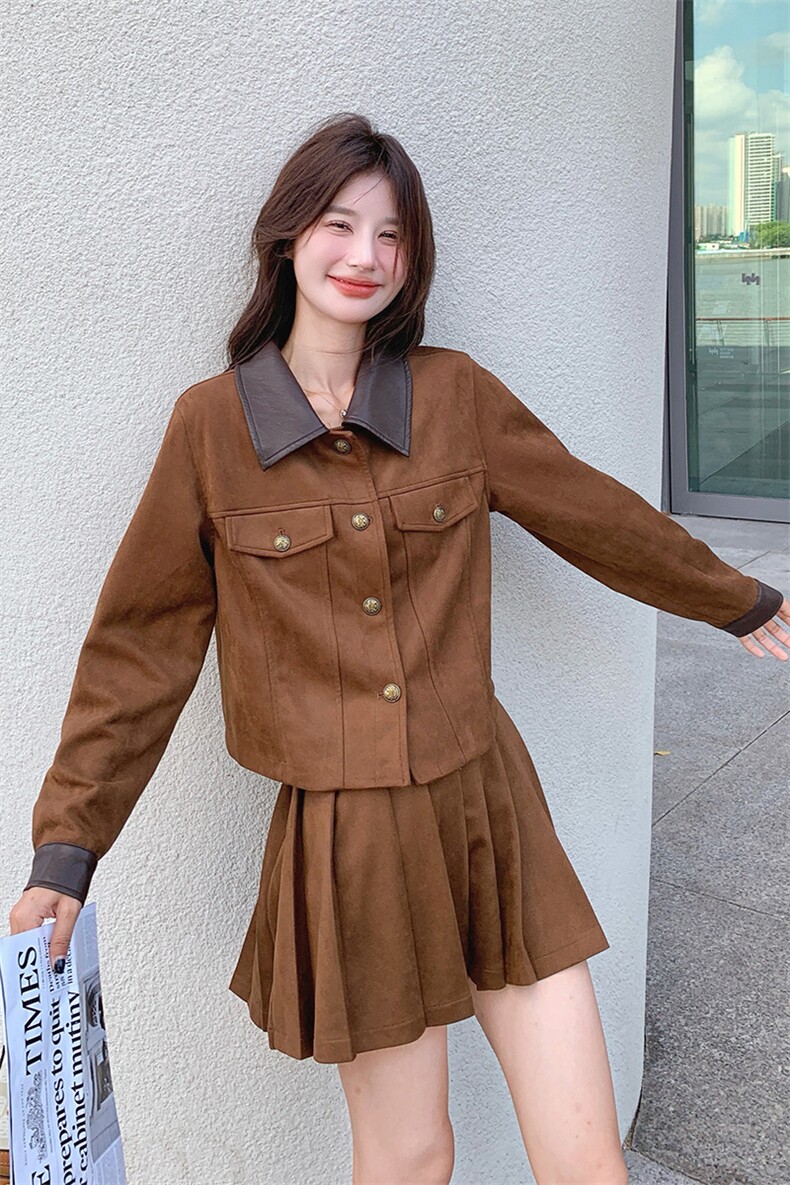 美拉德棕色套装裙女2025秋季新款复古pu皮翻领上衣半身裙两件套潮,女装套装/套裙,2C176