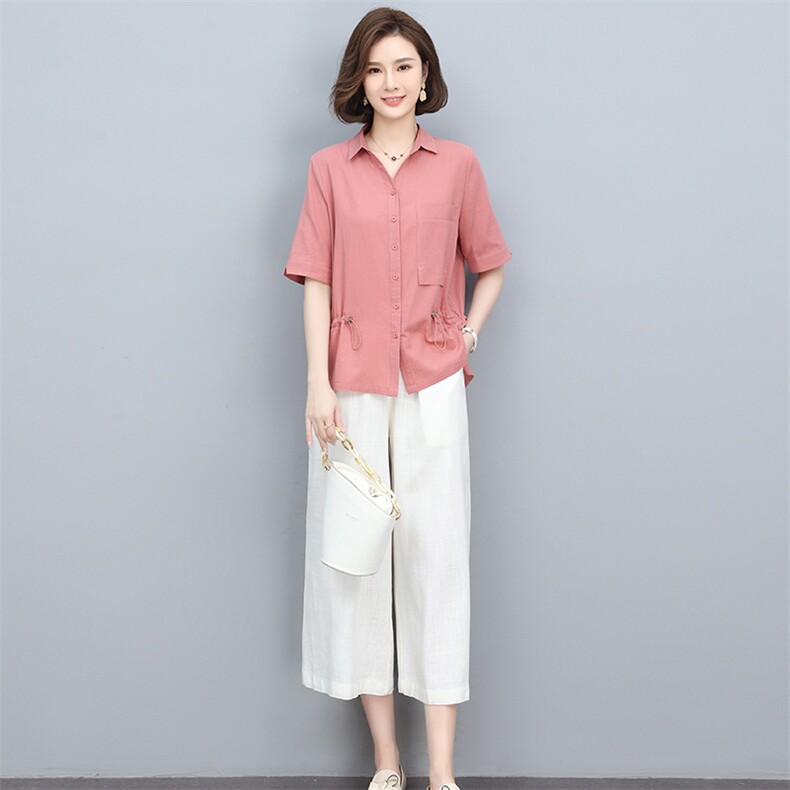 2023夏季棉麻时尚简约大方气质优雅纯色休闲透气两件套,女装套装/套裙,独衣靓