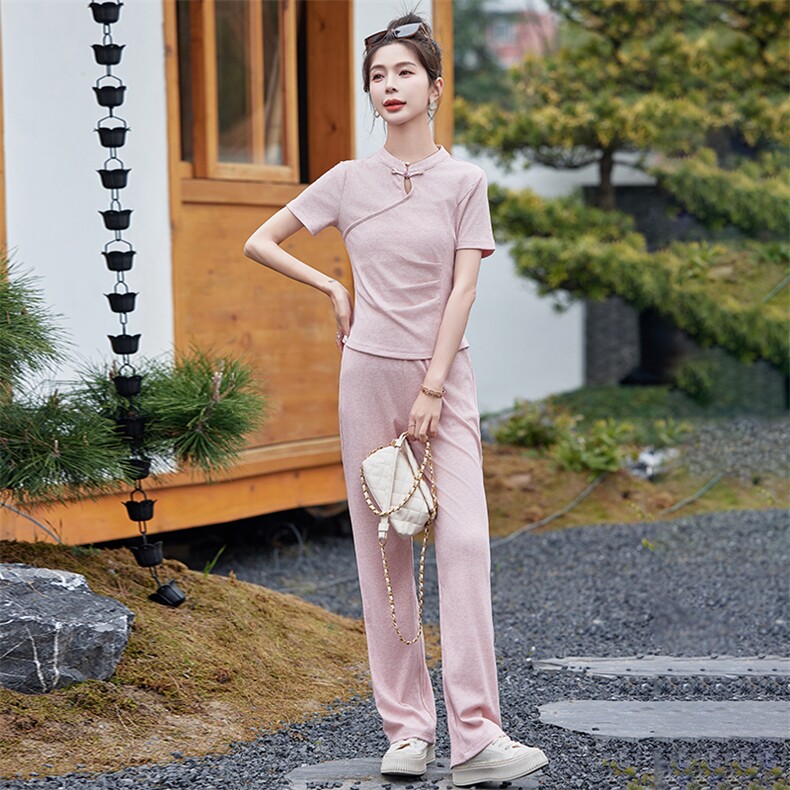 新中式国风套装女2025年夏季新款时尚休闲运动改良旗袍裤子两件套,女装套装/套裙,慕依路
