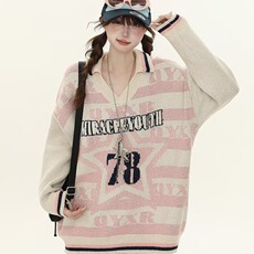 D069-P57字母蓝色显瘦毛衣女秋冬慵懒风软糯宽松POLO衫套头，男装针织衫/毛衣，电商B323A