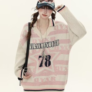 D069-P57 字母蓝色显瘦毛衣女秋冬慵懒风软糯宽松POLO衫套头图片