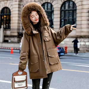棉衣/棉服2021新款冬仿羊羔毛中长款工装带帽派克服女外套图片