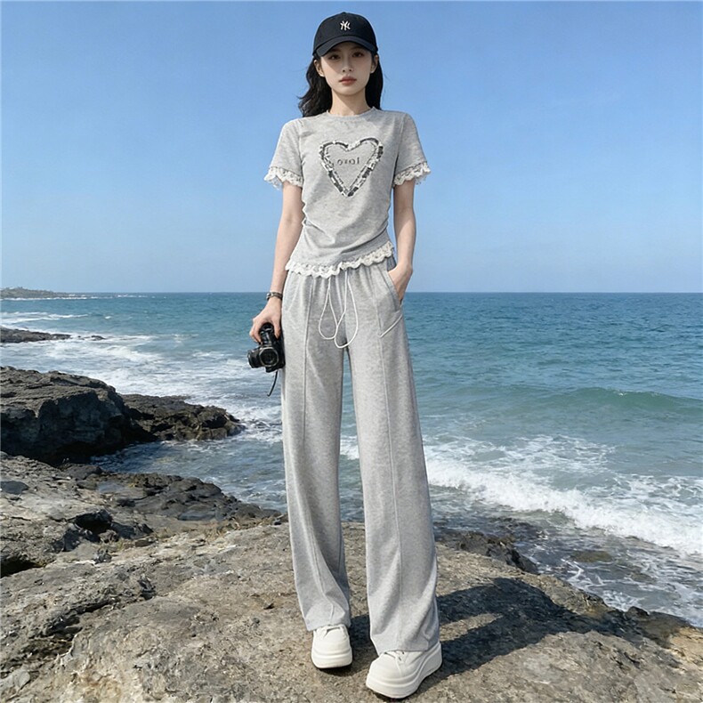 韩版时尚气质套装女夏季新款高级感显瘦短袖上衣宽松阔腿裤两件套,女装套装/套裙,江南