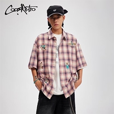 美式街头格子刺绣短袖衬衫男女同款情侣休闲宽松衬衣CSA17-P40，男装T恤，星座208-5
