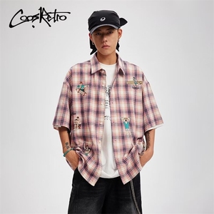 美式街头格子刺绣短袖衬衫男女同款情侣休闲宽松衬衣CSA17-P40图片