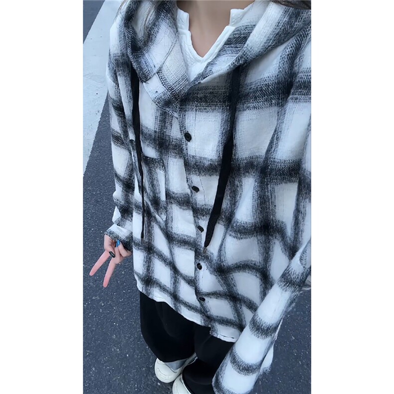 特批45数据款港风连帽格子衬衫宽松外套男女百搭格子外套CS2399，男装衬衫，电商A128