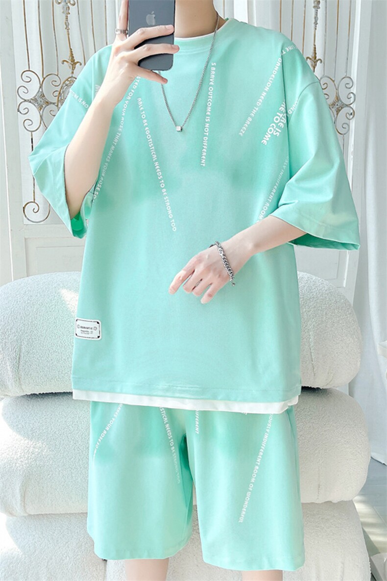 2025夏季新款旋律风车大码冰丝印花短袖套装M-5XHQ24545-P70,男装休闲套装,电商A022