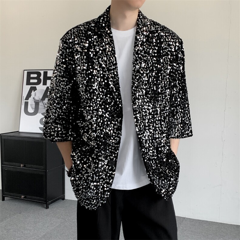 夏季闪闪亮珠片亮面夜店舞台装男演出服七分袖西装夜店歌手外套，男装西服，星座909