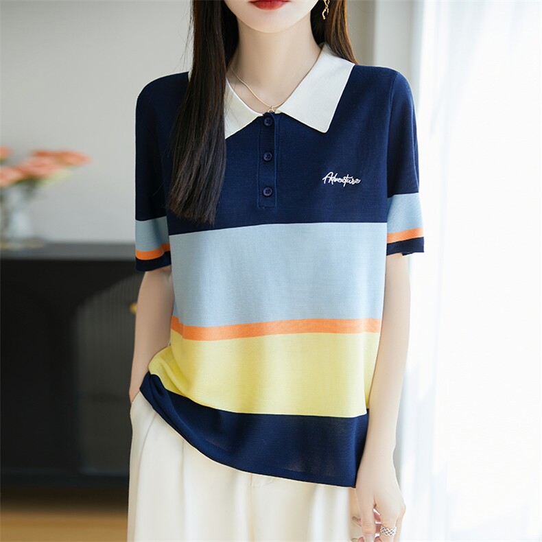 Polo领彩虹拼色时尚短袖女宽松莱赛尔新款t恤夏季减龄气质薄T背心,女装T恤,尚雪电商供货