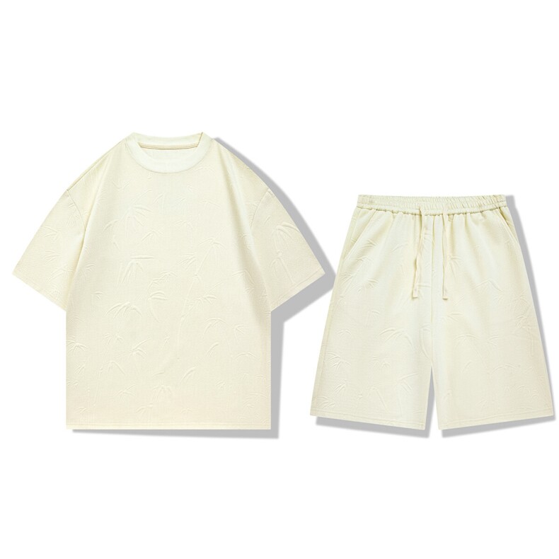 夏装短袖T恤短裤情侣套装宽松竹叶提花休闲运动套装TZ866-特P50,男装休闲套装,电商A006