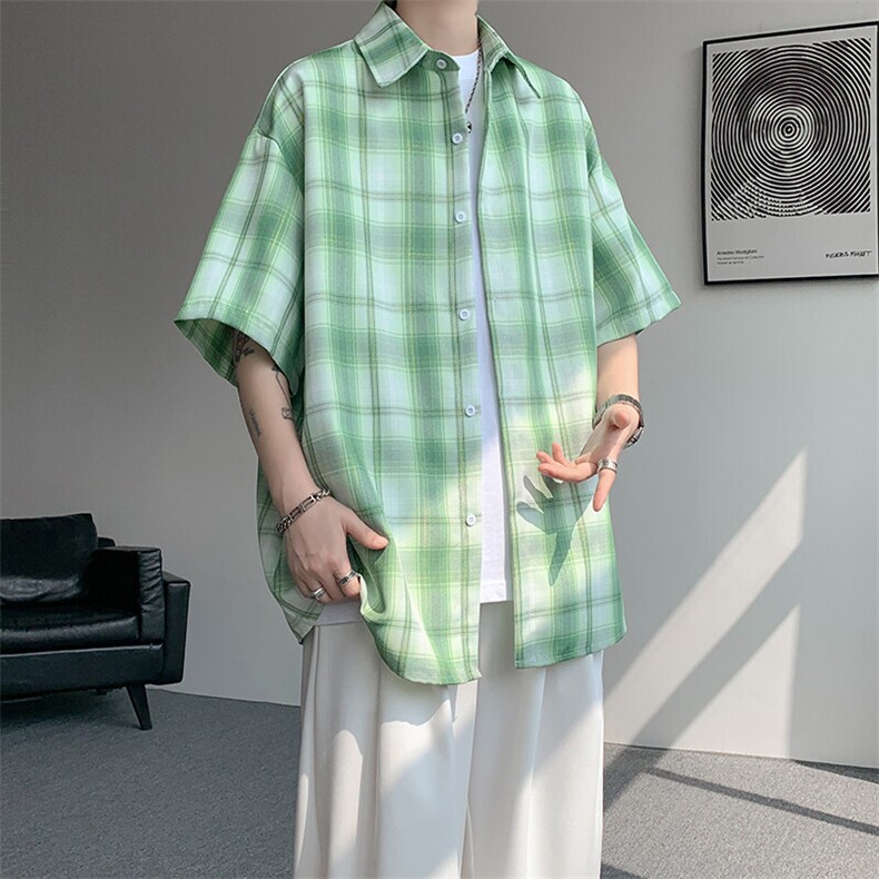 8XL-M格子短袖衬衫男夏季薄款DK制服衬衣JK学院风半袖外套DC28004,男装T恤,电商B312