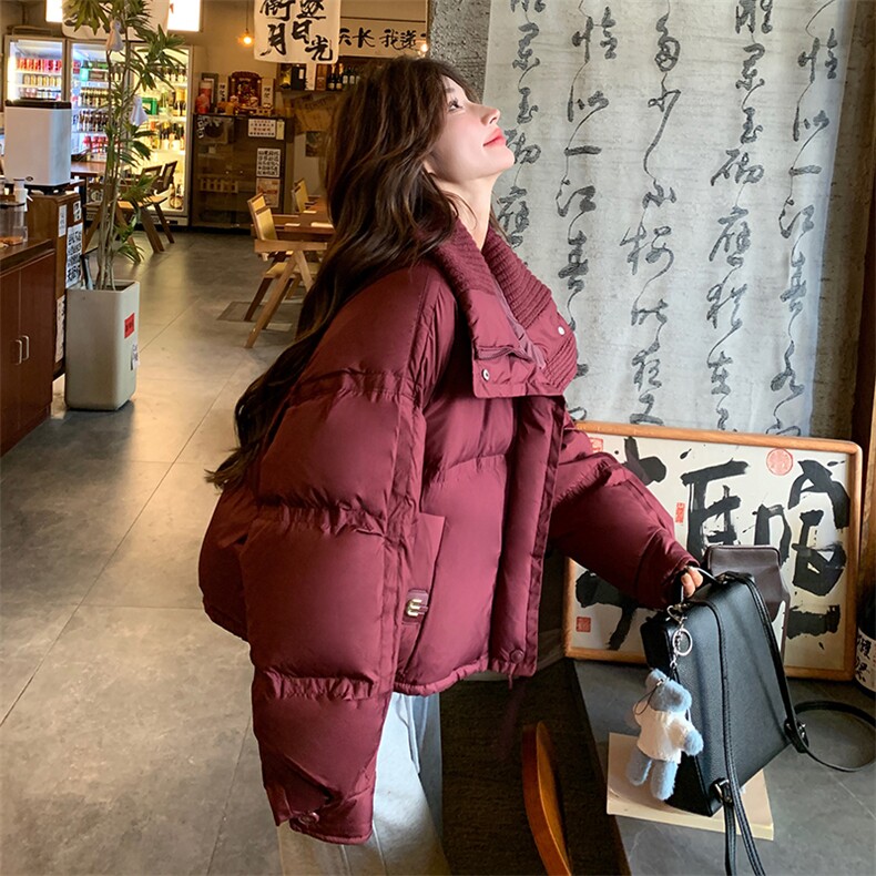 安可拉红拼接立领羽绒服女冬季新款韩系小个子加厚肯豆面包服外套图片