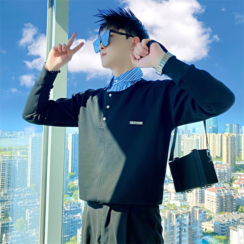 AW192/特P78控108春季社会小伙潮流高级感拼接假两件衬衫男黑首2,男装卫衣,星座305B-1