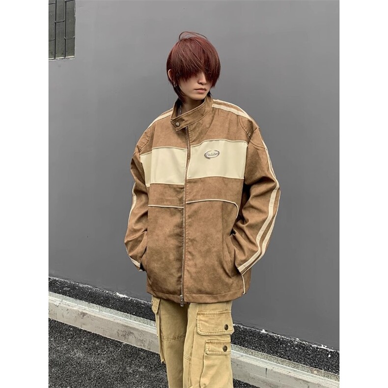 美式机车风复古做旧皮衣外套宽松高级感痞帅撞色立领夹克JK8547,男装夹克,星座516A