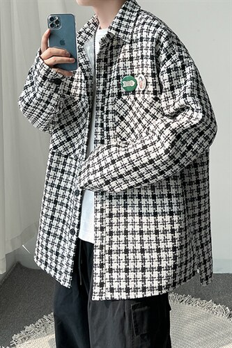 2023春秋港风男士宽松大码千鸟格呢料夹克外套男A071-C25-P68，男装夹克，电商A071