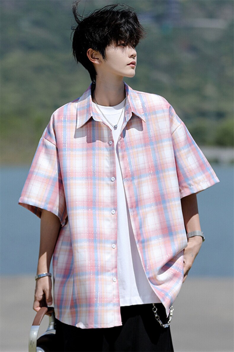 8XL-M格子短袖衬衫男夏季薄款DK制服衬衣JK学院风半袖外套DC28004,男装衬衫,电商B312