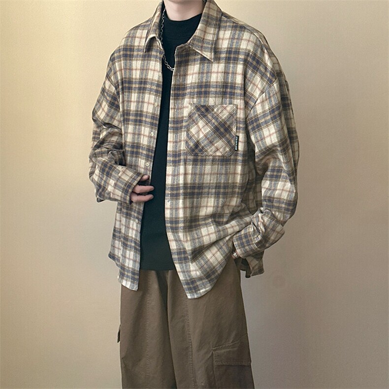 2025春宽松休闲格子长袖衬衣潮牌中性衬衫AC2308601-特批P50控89,男装衬衫,电商A351