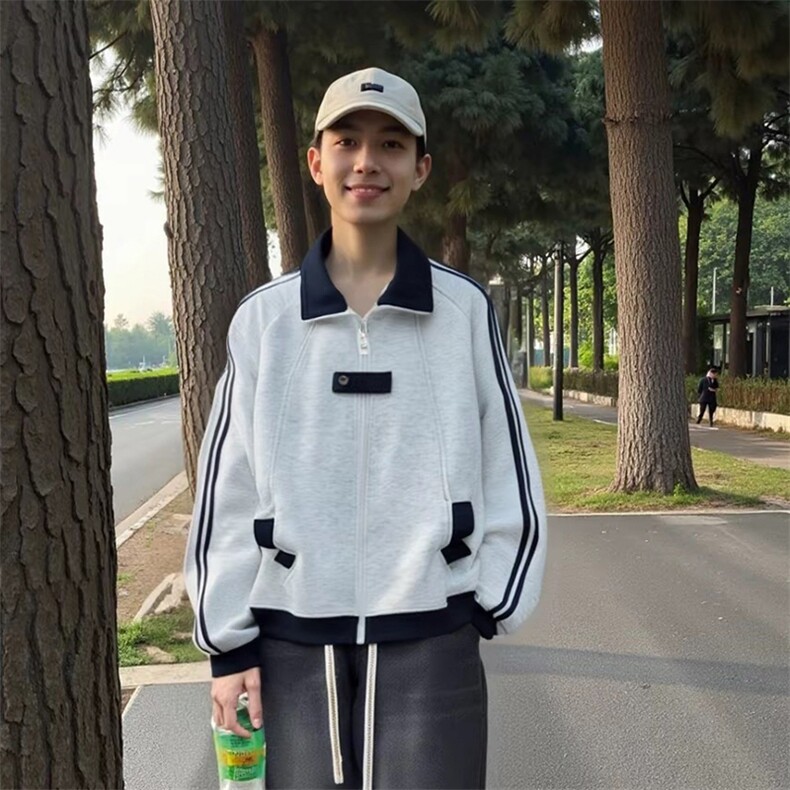 抖音得物品质秋冬美式高街重磅结构拼接织带翻领卫衣夹克外套W113,男装夹克,电商A486