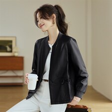 2026年春季棒球领休闲水洗皮短款外套，女装皮衣，文熹诺