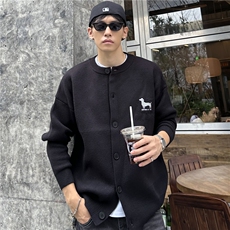 小狗植绒圆领开衫毛衣慵懒春秋季针织衫纽扣情侣休闲外套，男装针织衫/毛衣，电商C307