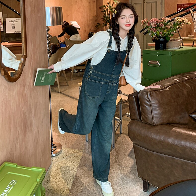 港风复古工装牛仔背带裤女春秋2025新款宽松慵懒风绝美炸街阔腿裤,女装牛仔裤,浙宝305