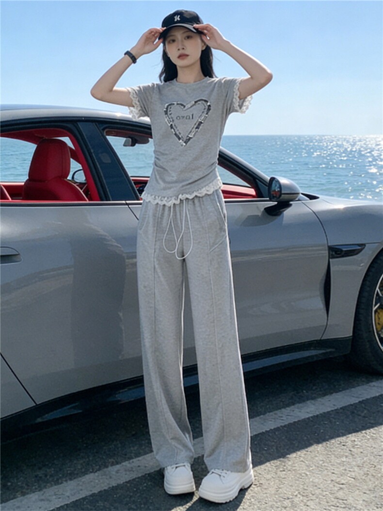 韩版时尚气质套装女夏新款圆领钉珠蕾丝花边上衣高腰阔腿裤两件套,女装套装/套裙,江南