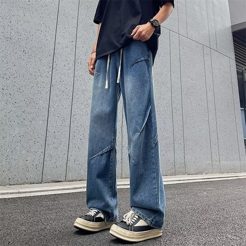 牛仔裤男生复古水洗做旧包边直筒裤港风ins拖地阔腿裤子NA138,男装牛仔裤,星座1116A-1（原606A）