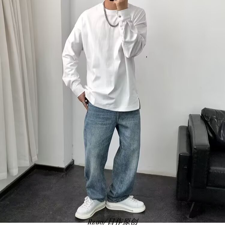 港风秋款男女长袖T恤衫袖子排扣宽松打底衫T965P38,男装T恤,星座1013-1
