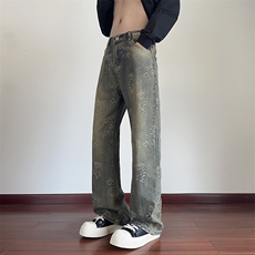B221美式ins高街暗黑宽松直筒提花牛仔裤LK24396-特P52控88，男装牛仔裤，电商B221