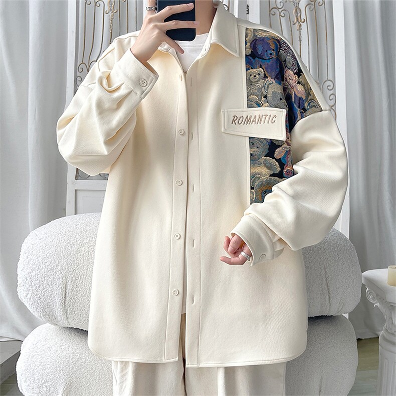 2024春季新款旋律风车大码小熊拼接长袖衬衫M-5XHC23703-P50，男装衬衫，电商A022