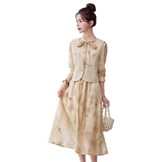 长袖连衣裙2024春秋新款高端精致小香风气质马甲扎染衬衫裙裙，女装连衣裙，韩蜜菓