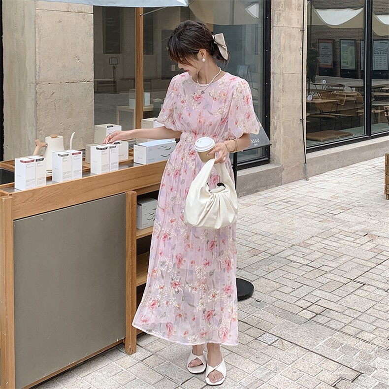粉色女神范连衣裙女中长款2024夏季新款茶歇法式温柔风收腰碎花裙,女装连衣裙,天使之佳话