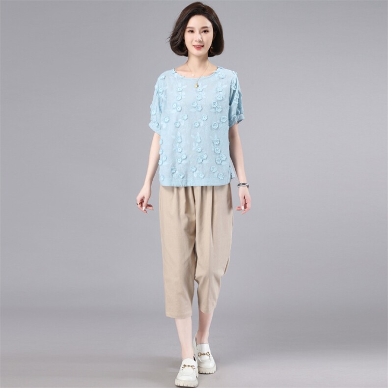 时尚套装女2023夏装新款立体绣红T恤休闲七分裤气质两件套,女装套装/套裙,奕阳依阁