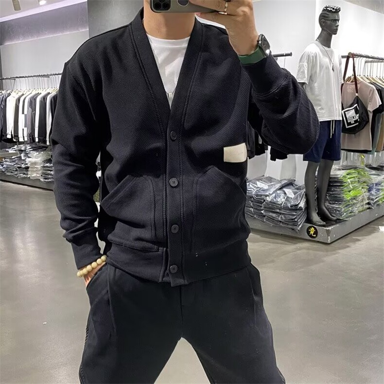 欧货短款工装夹克男大v领设计感单排扣长袖卫衣开衫法式通勤外套,男装夹克,星座506A