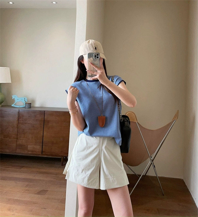 欧货新疆棉减龄撞色贝壳刺绣宽松显瘦小飞袖条纹圆领T恤,女装T恤,湘姗