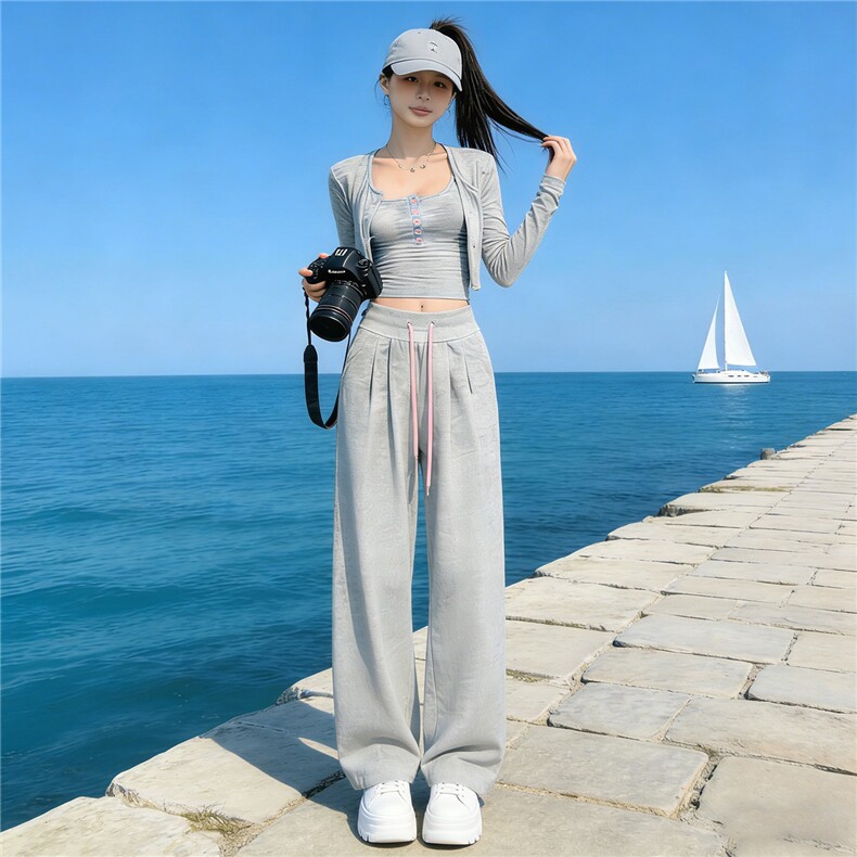 女春新款欧货时尚休闲套装修身显瘦开衫上衣内搭吊带阔腿裤三件套,女装套装/套裙,江南