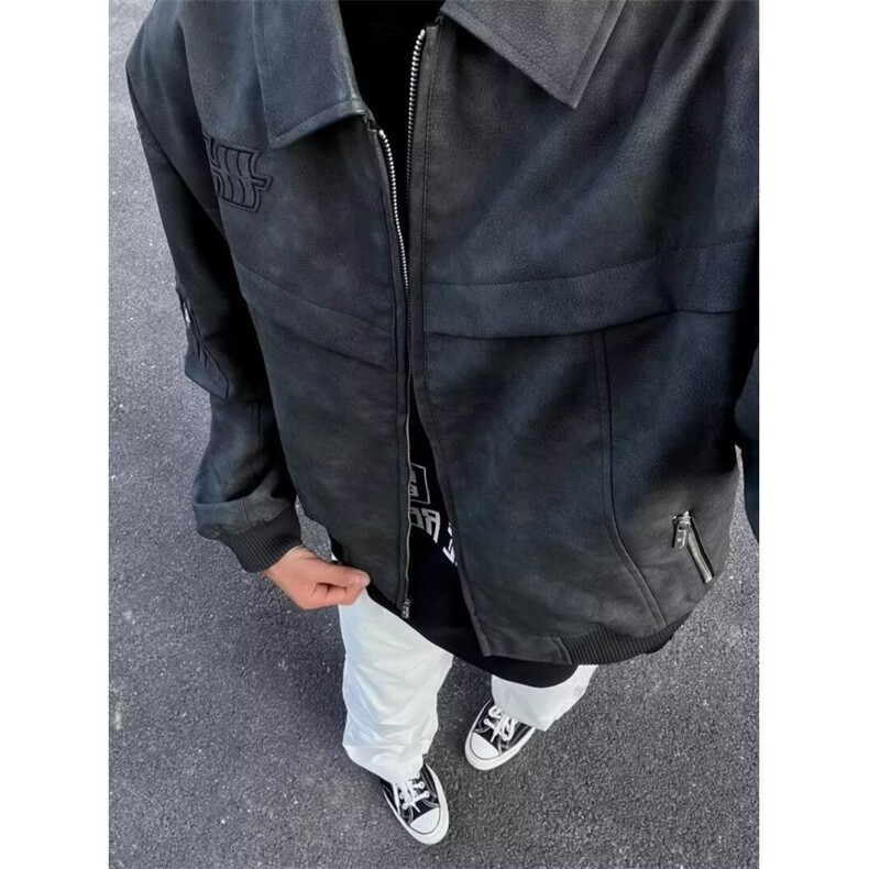 秋冬蜡染做旧美式复古PU皮衣外套宽松休闲潮流男女情侣皮夹克,男装夹克,星座506A