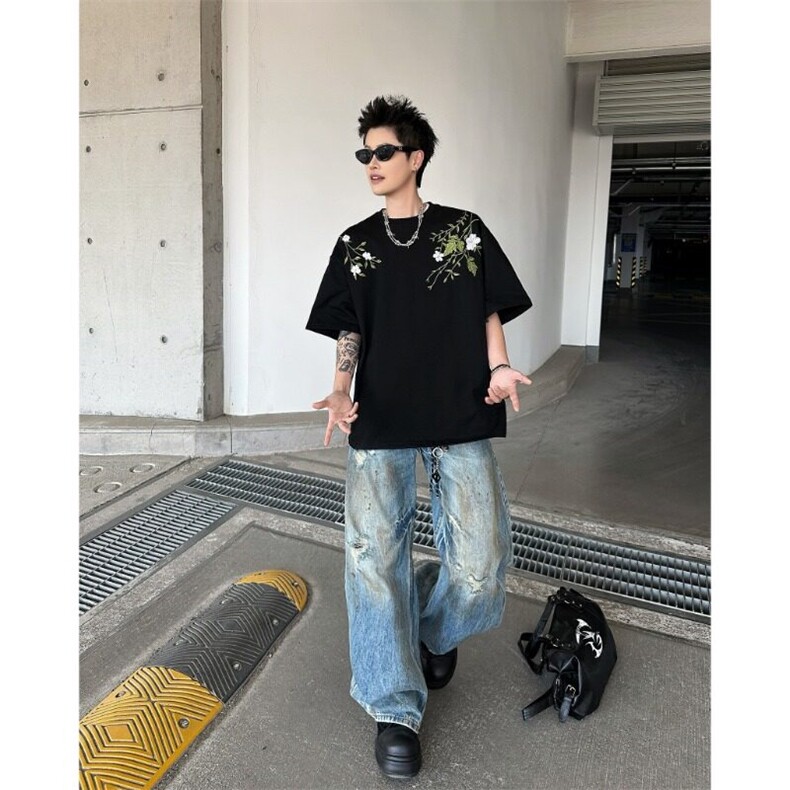 Q323-P45重工街头新中式花卉刺绣廓形短袖T恤百搭圆领夏装上衣服,男装T恤,星座911-1