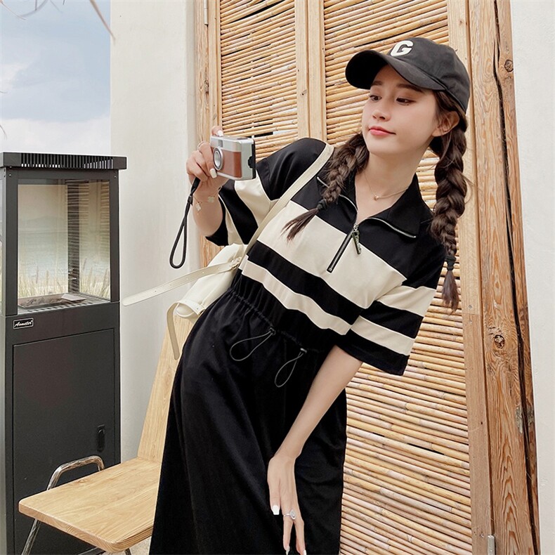 黑白拼接polo领连衣裙女2025夏季新款韩系休闲收腰显瘦直筒T恤裙,女装连衣裙,2C051