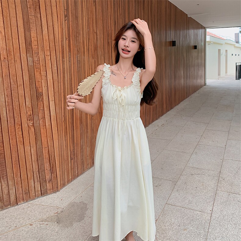 法式甜美褶皱U领黄色中长款连衣裙女夏季新款设计感收腰显瘦长裙,女装连衣裙,鑫慧
