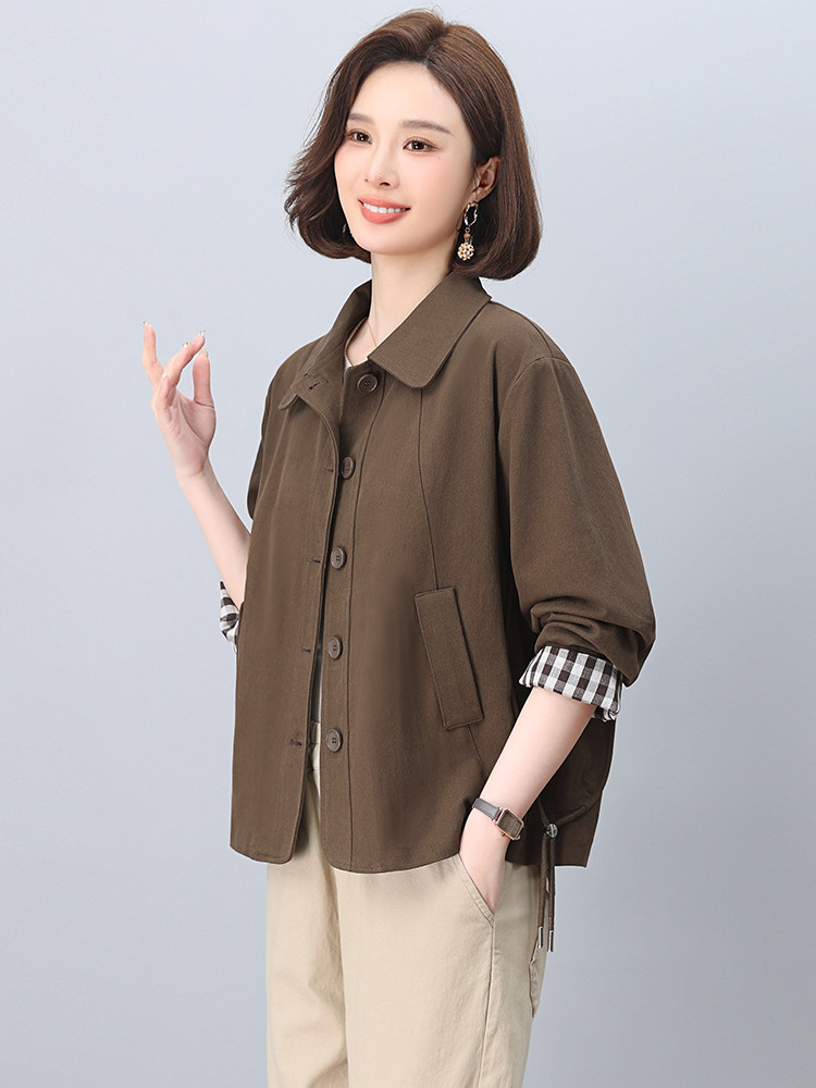 中年妈妈纯棉风衣外套女短款2025春秋新款小个子宽松大码夹克上衣,女装短外套,忆绮罗