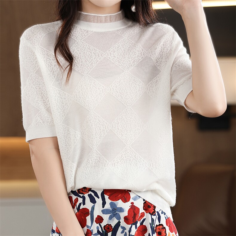 2025年夏季精仿菱形半高领时尚百搭短袖，女装T恤，森墨